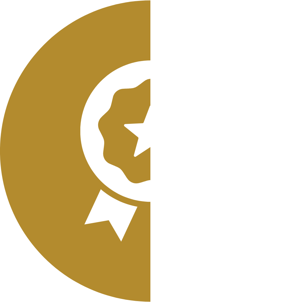 white badge against gold semi circle